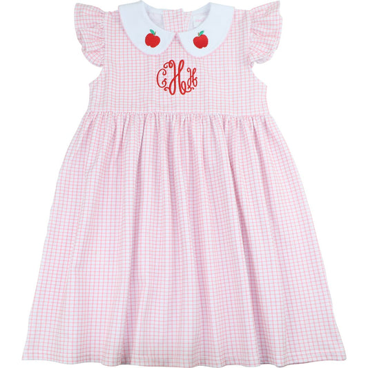 Pink Windowpane Embroidered Apples Knit Dress