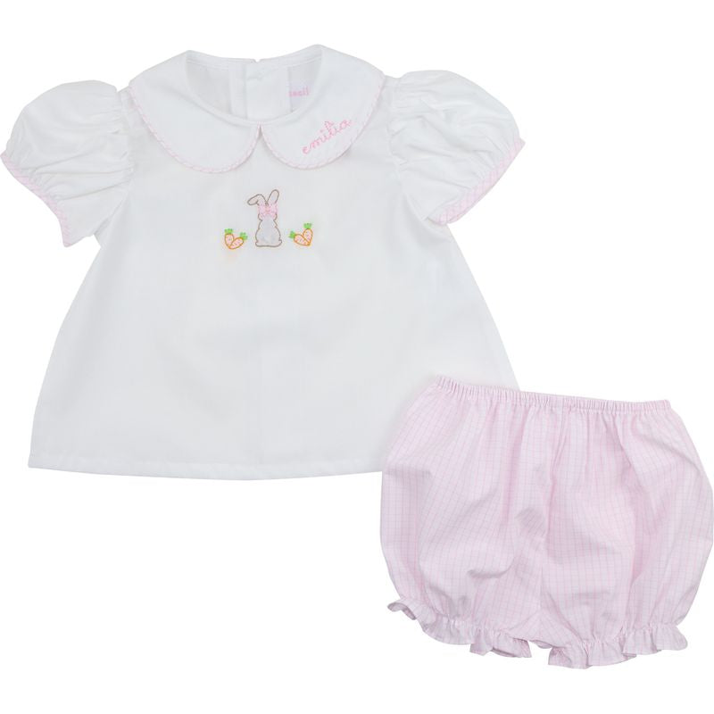 Pink Windowpane Shadow Embroidered Bunny Diaper Set