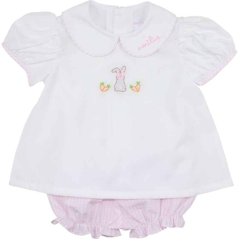 Pink Windowpane Shadow Embroidered Bunny Diaper Set