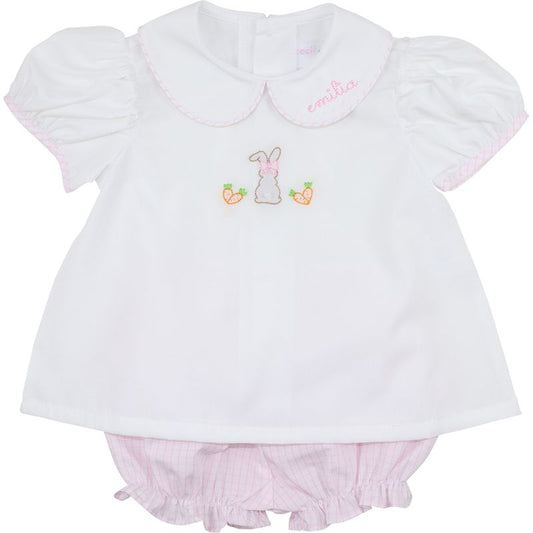 Pink Windowpane Shadow Embroidered Bunny Diaper Set