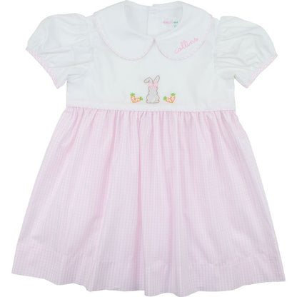 Pink Windowpane Shadow Embroidered Bunny Dress