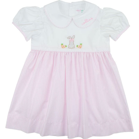 Pink Windowpane Shadow Embroidered Bunny Dress