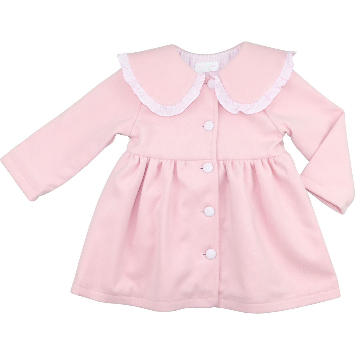 Cecil & Lou girls' Pink Gingham Ruffle Coat with Peter Pan collar and covered buttons