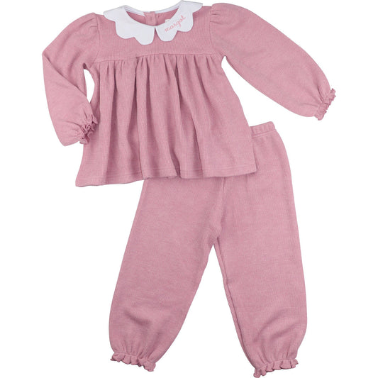 Pink Woven Sweater Scalloped Collar Pant Set