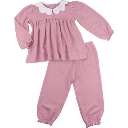 Pink Woven Sweater Scalloped Collar Pant Set