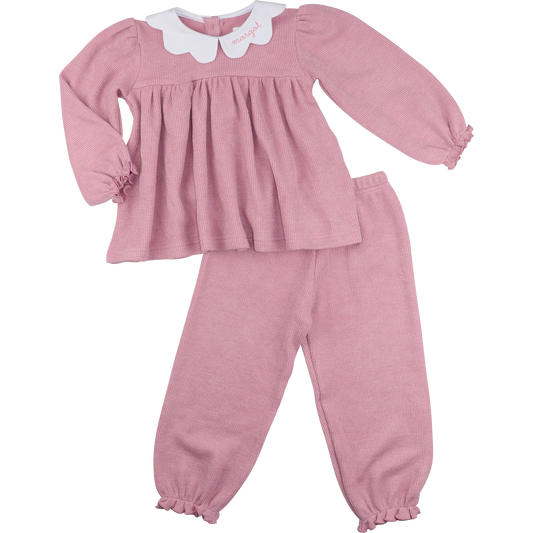 Pink Woven Sweater Scalloped Collar Pant Set