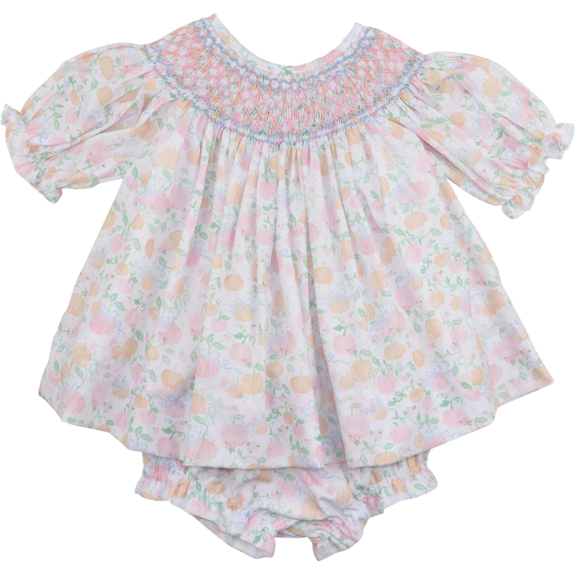 Pink and Blue Smocked Pumpkin Print Diaper Set