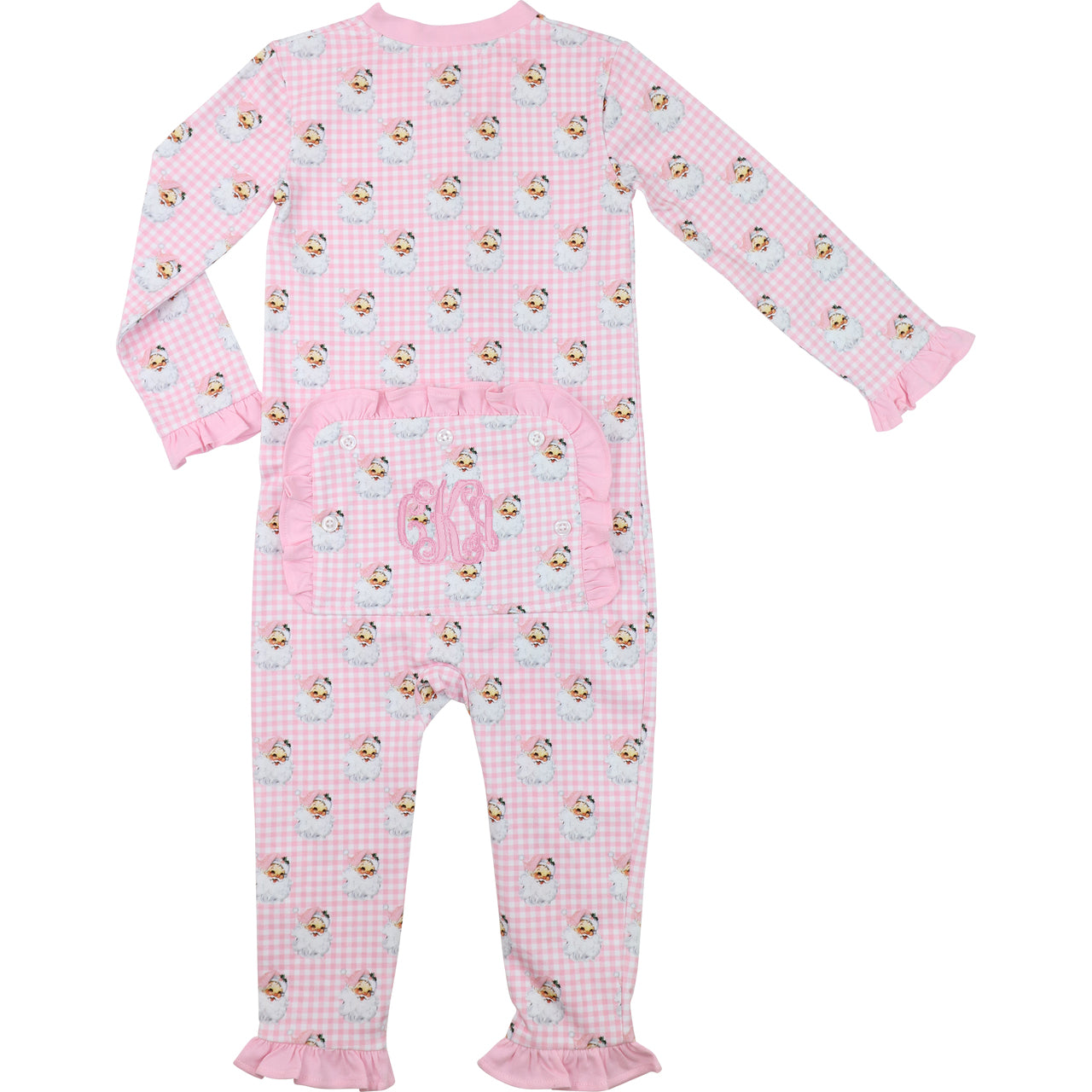 Pink baby onesie with Santa face pattern on a white background