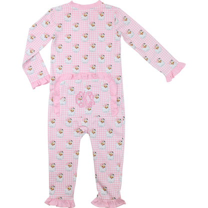 Pink baby onesie with Santa face pattern on a white background
