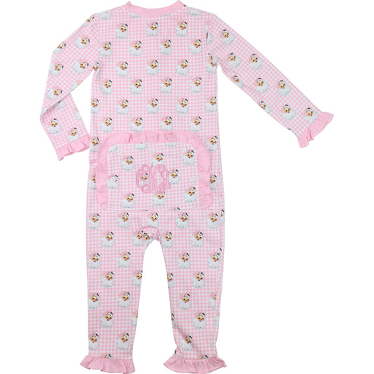 Pink baby onesie with Santa face pattern on a white background