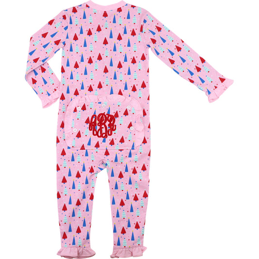 Pink baby onesie with colorful tree pattern and on a white background