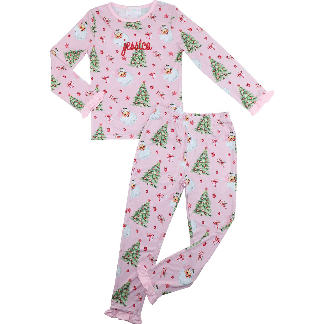 Pink children's pajama set with Christmas tree pattern on a white background