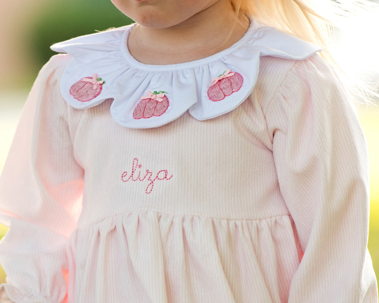 Pink diaper set with white collar featuring embroidered pink flowers and the name 'eliza' on a blurred green background