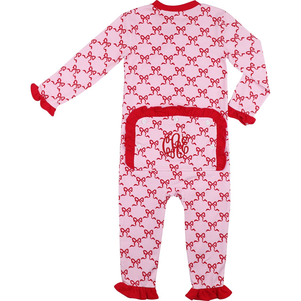 Pink onesie with red bows and monogram on a white background