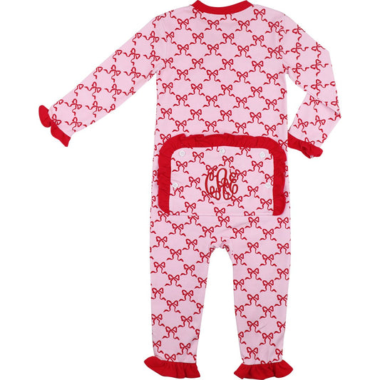 Pink onesie with red bows and monogram on a white background