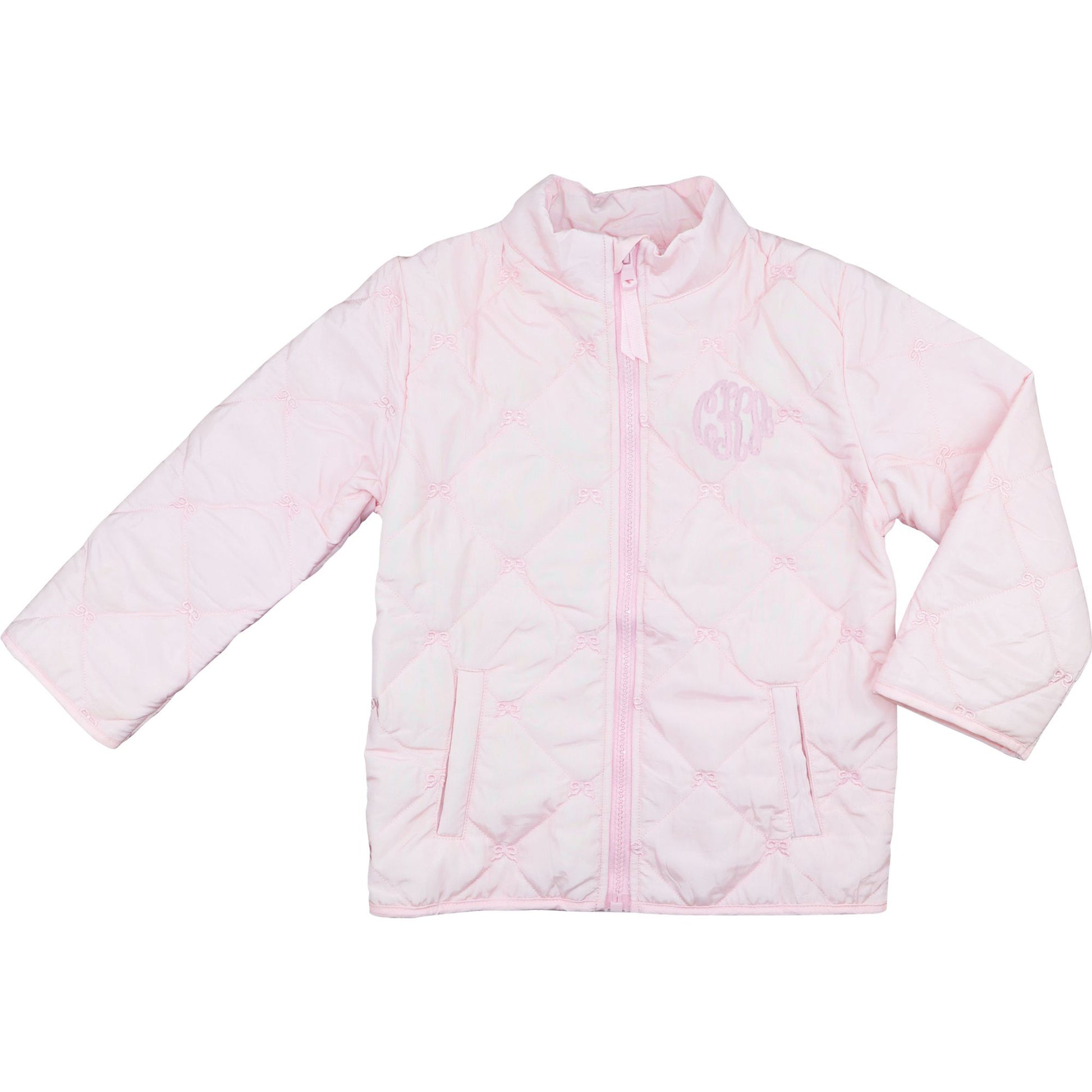 Pink quilted jacket with embroidered bows on a white background