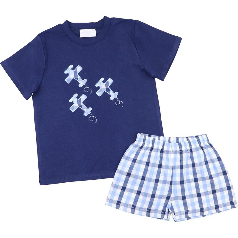 Plaid Applique Airplanes Short Set