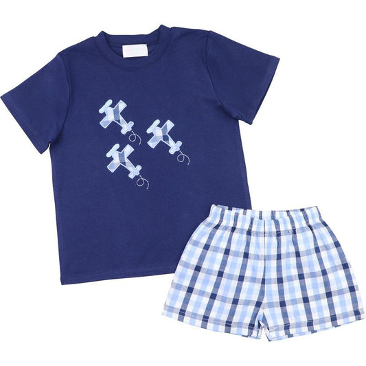Plaid Applique Airplanes Short Set