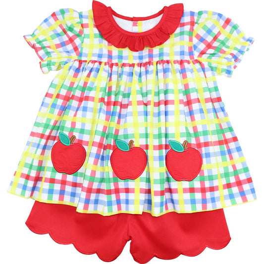Plaid Applique Apple Short Set
