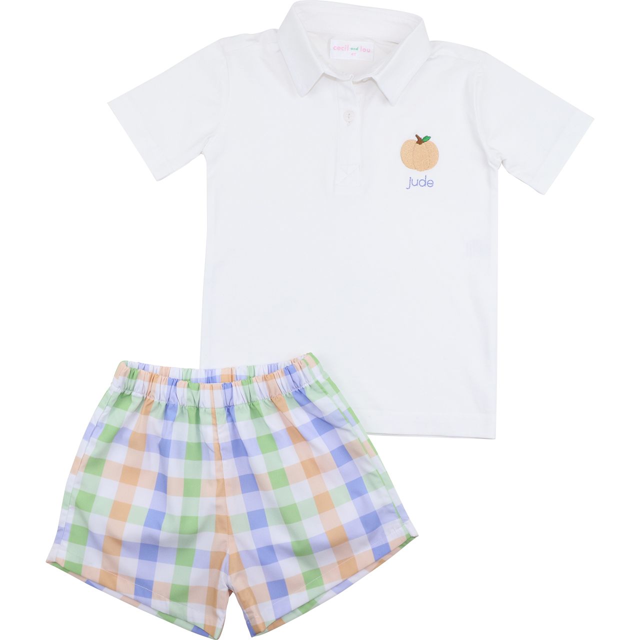 Plaid embroidered pumpkin polo short set