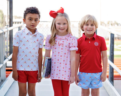 Blue And Red Pencil And Apple Polo Short Set