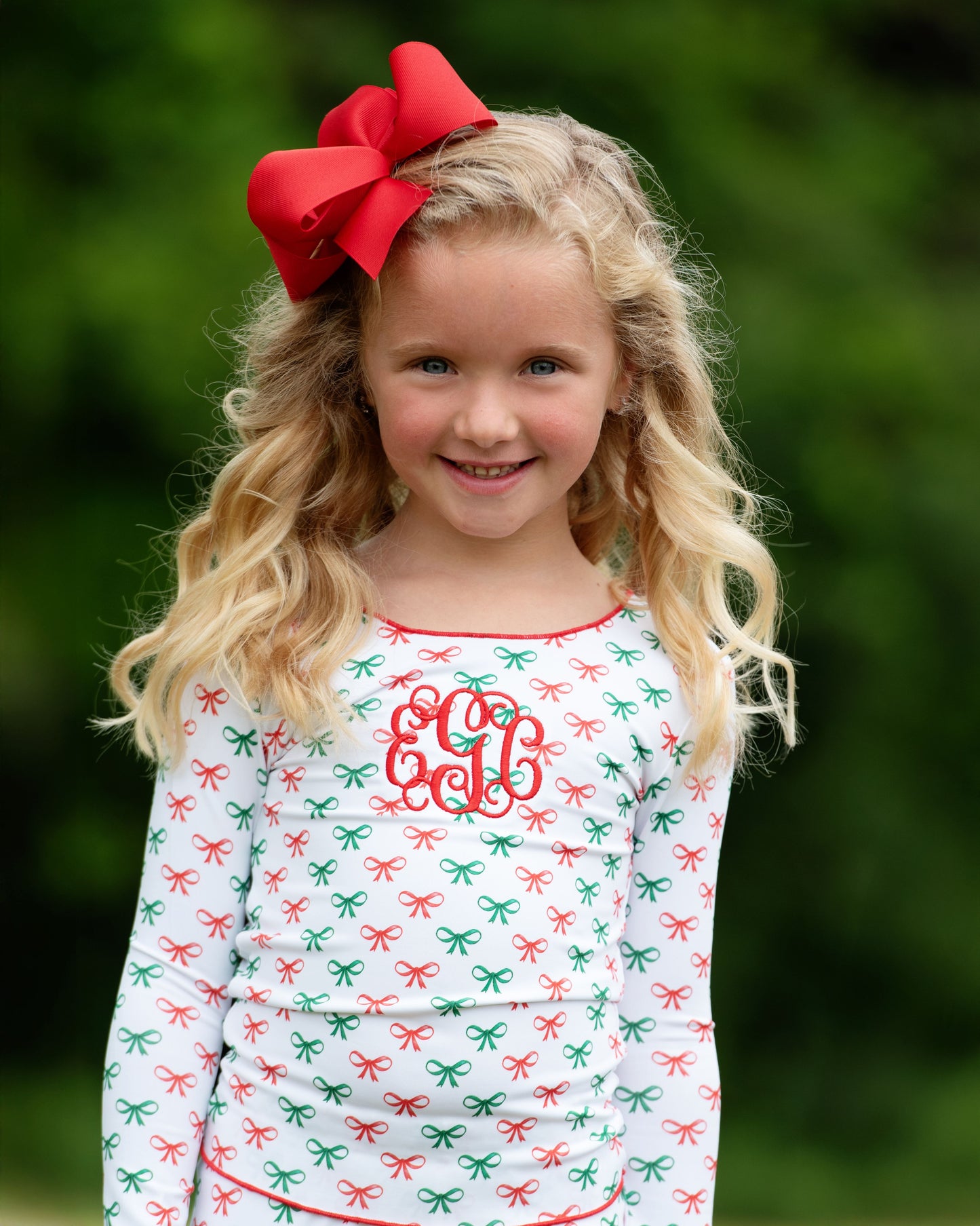 Green And Red Knit Bow Print Pajamas