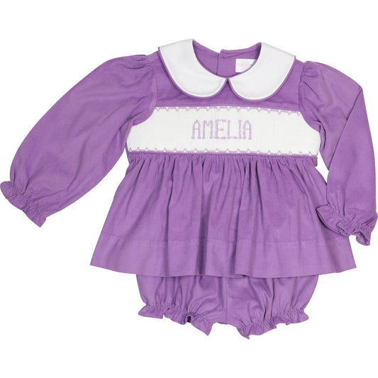 Purple Corduroy Custom Smocked Diaper Set