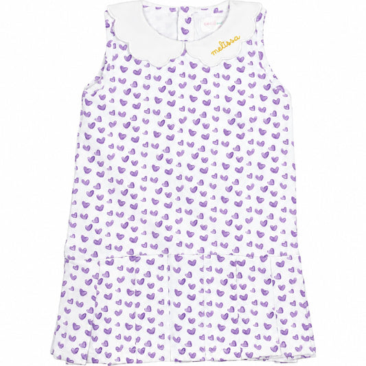 Purple Heart Print Knit Tennis Dress with yellow hemstitch monogram