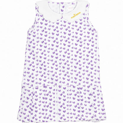 Purple Heart Print Knit Tennis Dress with yellow monogram