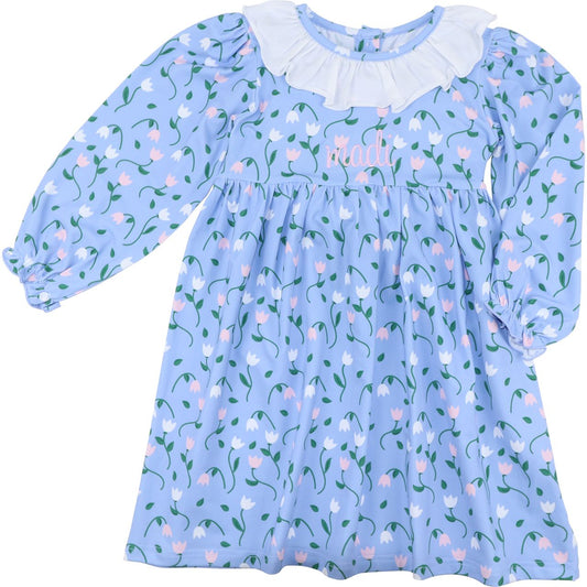 Blue And Pink Tulip Print Knit Floral Dress