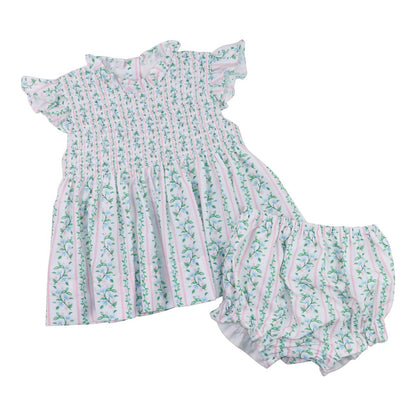 Green And Pink Floral Vines Smocked Diaper Set