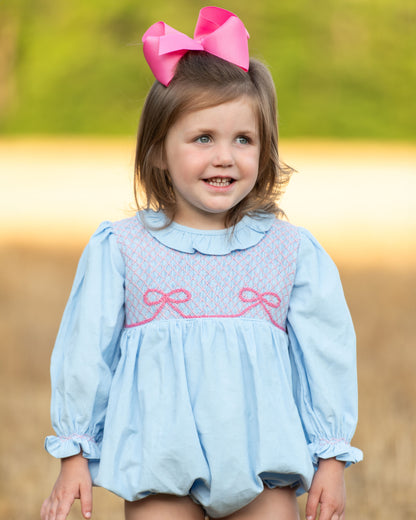 Blue Corduroy Smocked Bow Bubble