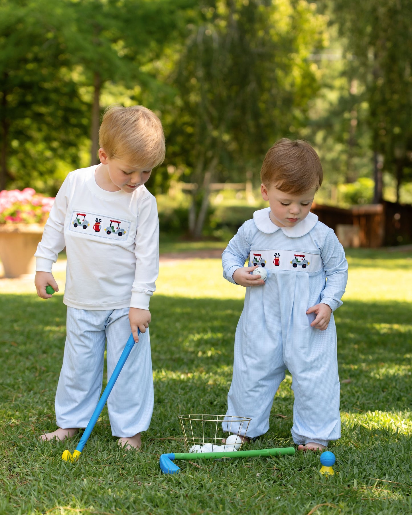 Blue Gingham Knit Smocked Golf Pant Set