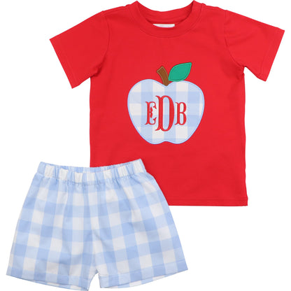 Red And Blue Check Applique Apple Short Set
