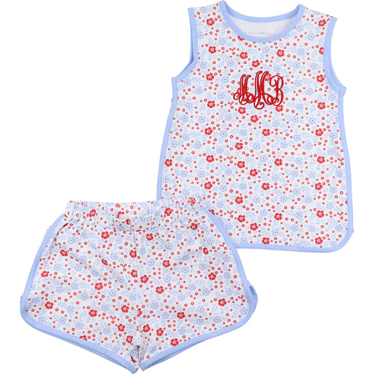Floral sleeveless top and shorts set with monogram on a white background
