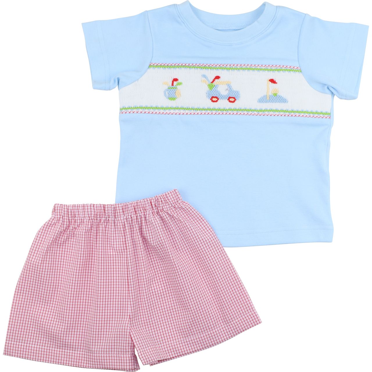 Red And Blue Gingham Smocked Golf Short Set