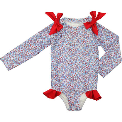 Red And Blue Liberty Bow Long Sleeve Swimsuit