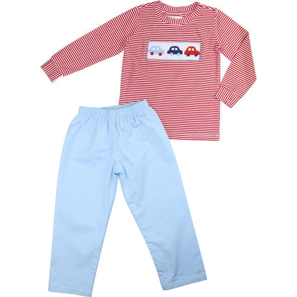 Red And Blue Smocked Cars Pant Set