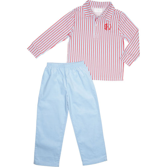 Red And Blue Striped Polo Pant Set
