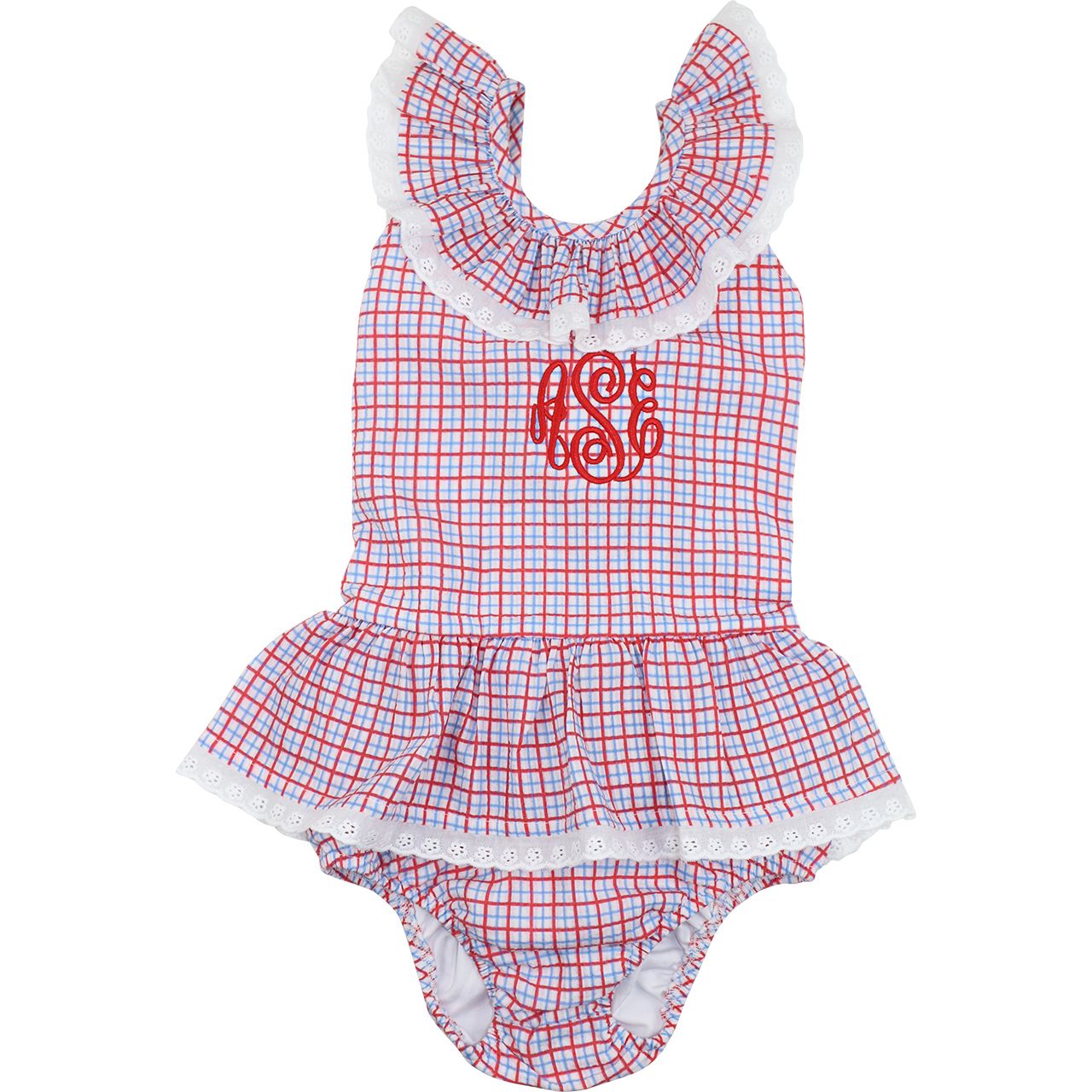 Red And Blue Windowpane Eyelet Swimsuit