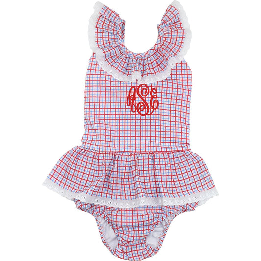 Red And Blue Windowpane Eyelet Swimsuit