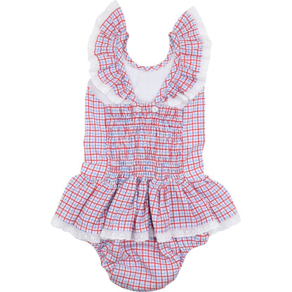 Red And Blue Windowpane Eyelet Swimsuit