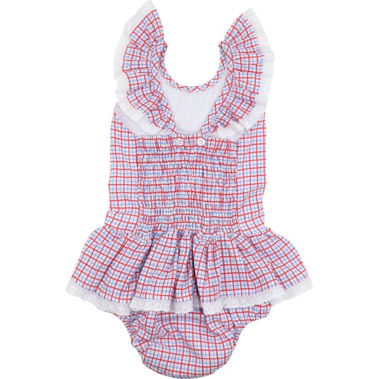 Red And Blue Windowpane Eyelet Swimsuit