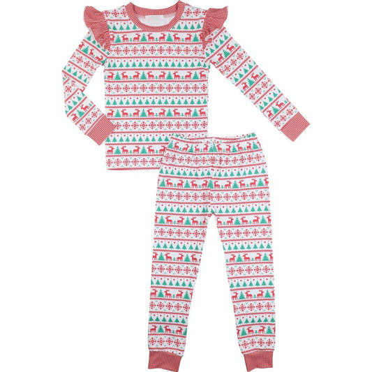 Red And Green Christmas Print Ruffle Knit Pajamas