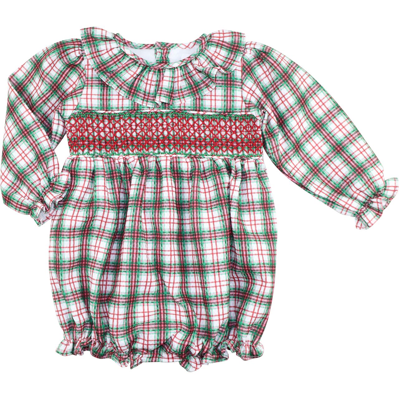 Red And Green Corduroy Plaid Smocked Bubble