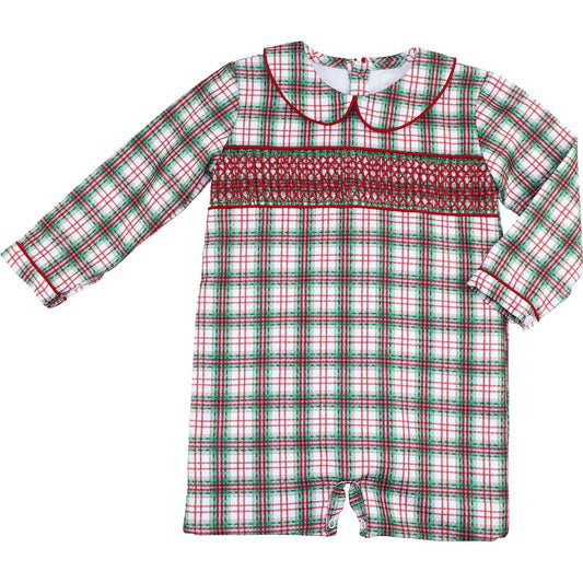 Red And Green Corduroy Plaid Smocked Short Romper