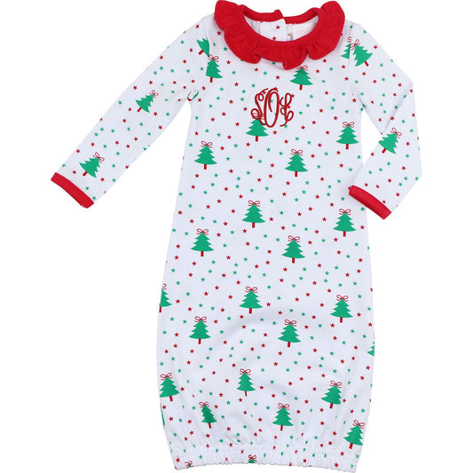 Red And Green Knit Holiday Print Ruffle Baby Gown