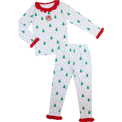 Red And Green Knit Holiday Print Ruffle Pajamas