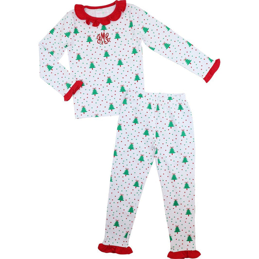 Red And Green Knit Holiday Print Ruffle Pajamas