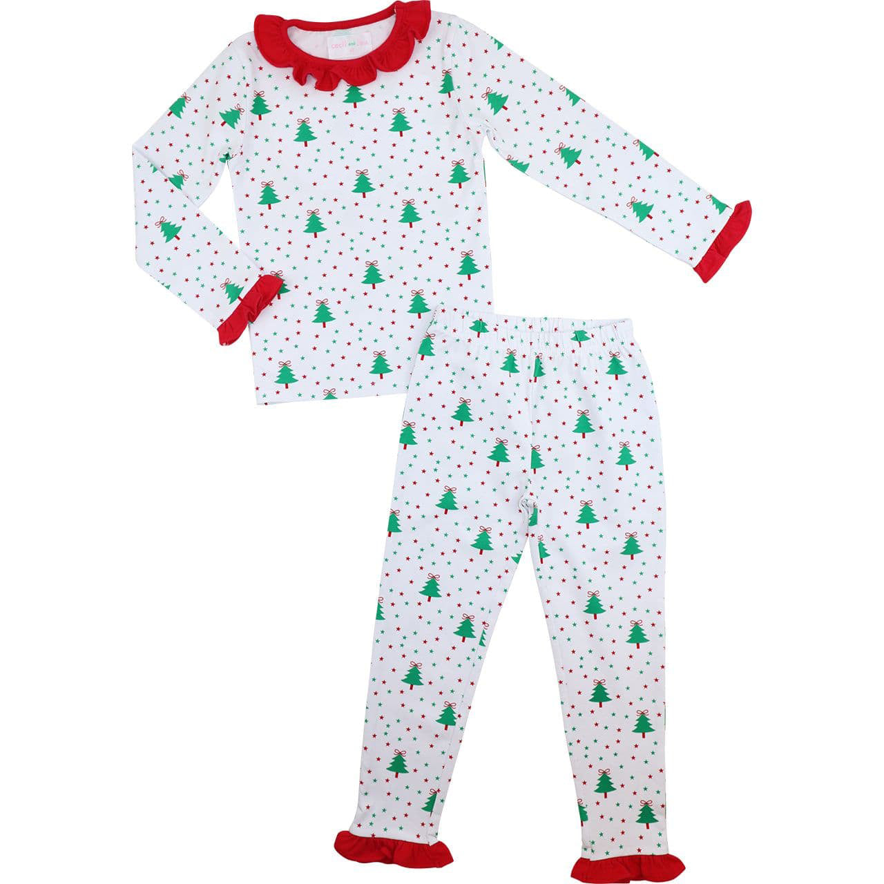 Red And Green Knit Holiday Print Ruffle Pajamas